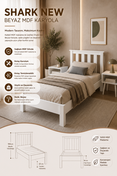Shark New Tek Kişilik MDF Karyola ve 2 Komodinli Set