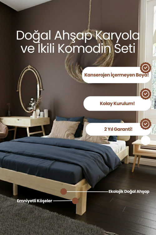Damla 2'li Başlıklı Doğal Masif Ahşap Karyola ve 2 Adet Komodin Seti