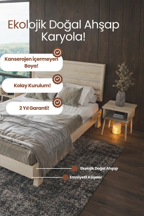 Hüma Yatay Çizgili Başlıklı Ahşap Karyola