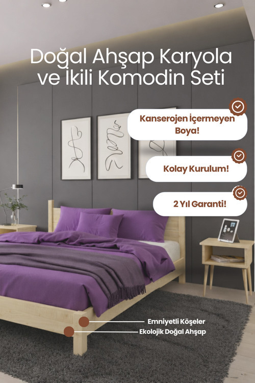 Mirage Model Masif Çam Karyola ve 2 Adet Komodin Seti