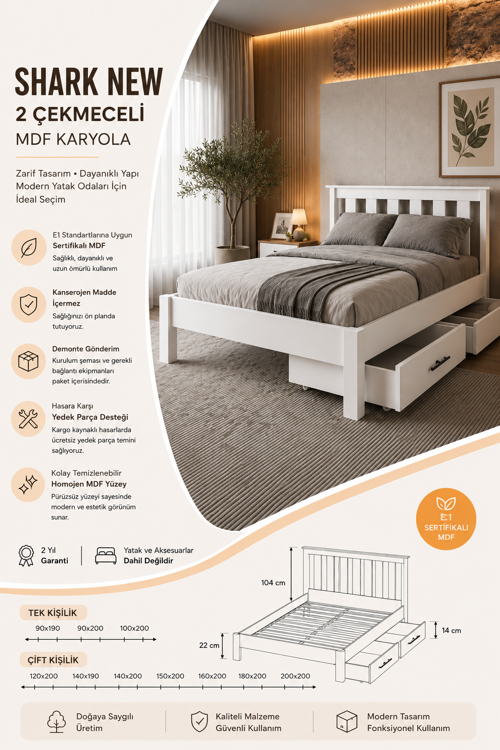 Shark New 2 Çekmeceli Tek Kişilik MDF Karyola
