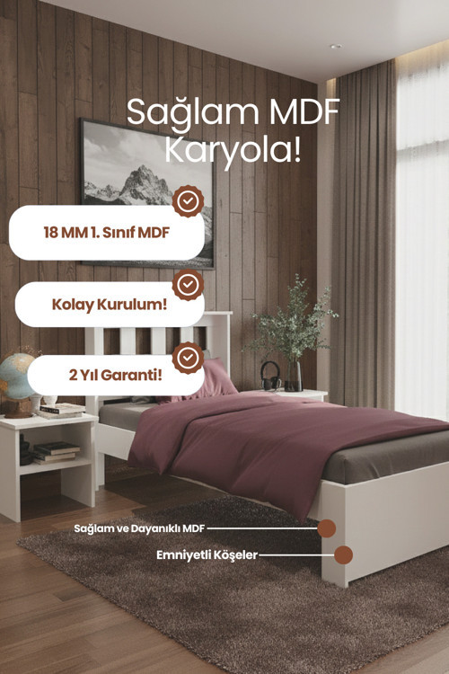 Stark Tek Kişilik MDF Karyola ve 2 Komodinli Set