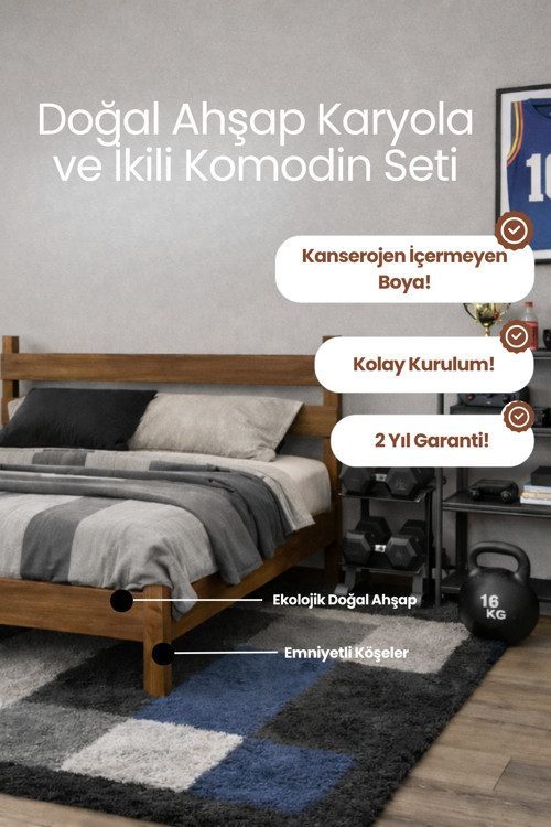 Natura Masif Çam Karyola Ve 2 Adet Komodin Seti