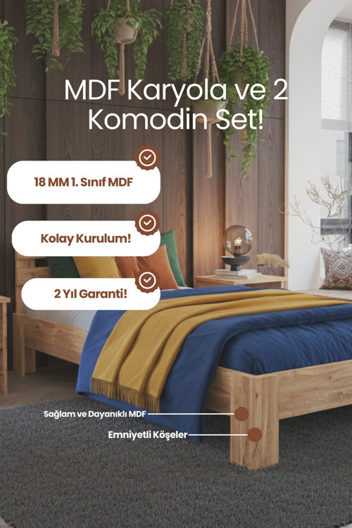 Letto Tek Kişilik MDF Karyola ve 2 Komodinli Set