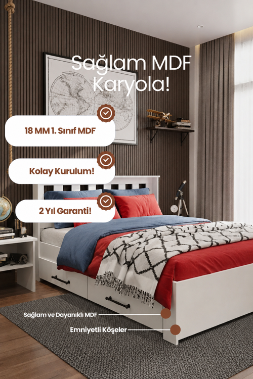 Stark 2 Çekmeceli Tek Kişilik MDF Karyola