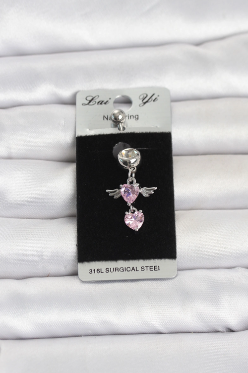 316L Cerrahi Çelik Pembe Zirkon Taşlı Kanat Model Göbek Piercing