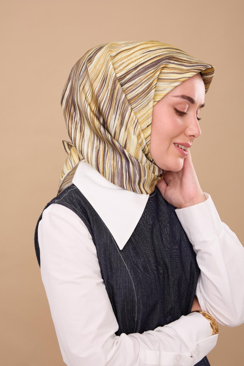 Tivil İpek Eşarp IST 11484 - 20 Gri-Sarı Çizgili Desen