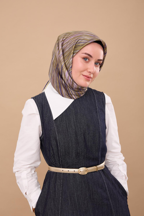 Tivil Saf İpek 11484 - 46 Lila Yeşil Çizgi Desen