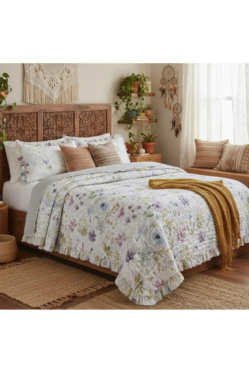 Fırfırlı Duygu Empirme Baskılı Stone Wash Micro Soft Çift Kişilik Yatak Örtüsü