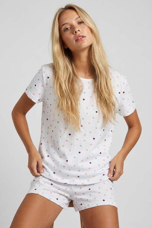 beyaz renkli puan desenli Pamuklu Örme Şortlu Pijama Takımı 8026