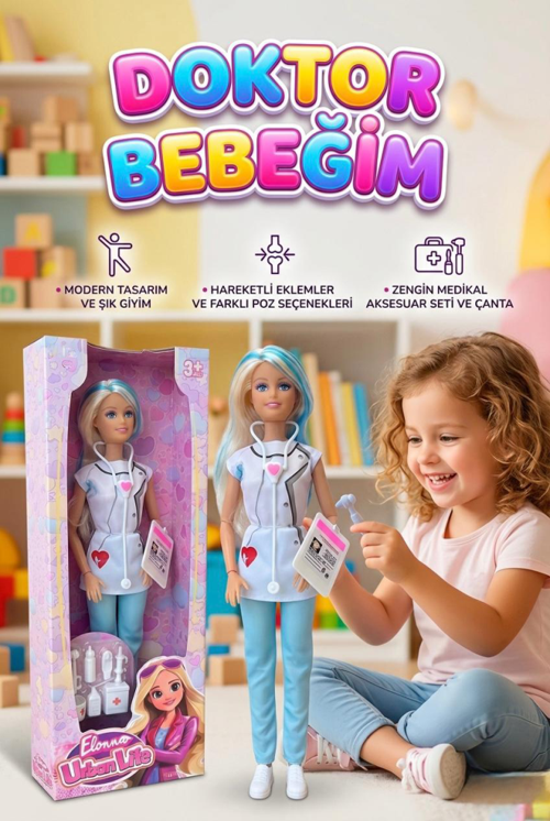 Doktor Bebeğim Sağlık Seti - Hareketli Eklemli 30 cm Bebek ve Medikal Ekipmanlar Oyuncak Bebek