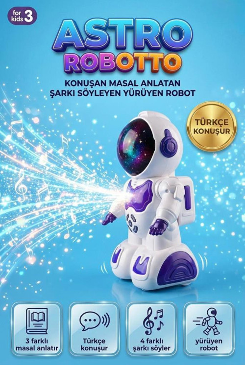 Türkçe Konuşan Sesli Işıklı Müzikli 4 Farklı Şarkı 3 Farklı Masal Söyleyebilen Yürüyen Oyuncak Robot