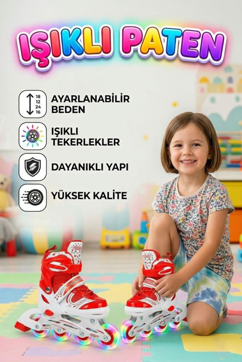 Işıklı Silikon Tekerli Ayarlanabilir S 30-33 Bedenli Çocuk Pateni Spor Dış Mekan Oyuncağı KIRMIZI