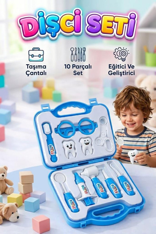Dişçi Minikler - Mavi Çantalı 10 Parça Alet ve Ekipmanlı 2 Tane Büyük Dişli Eğitici Oyuncak Seti