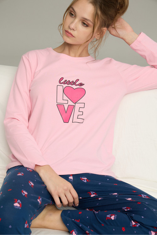 pembe kalp desenli Örme Pamuklu Pijama Takım25240224