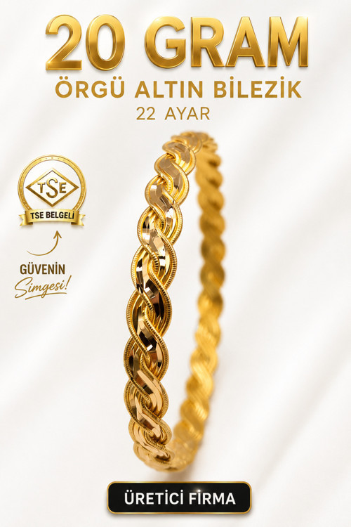 22 Ayar TSE Belgeli (20 GRAM) Örgü Altın Bilezik İşçiliksiz Yatırımlık