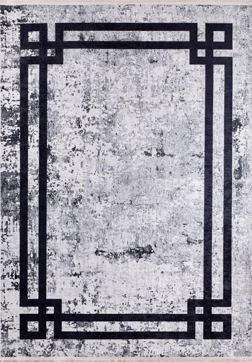 Modern Gri Çerçeveli Dijital Baskı Yıkanabilir Hipoalerjenik Kaymaz Taban Halı Yolluk