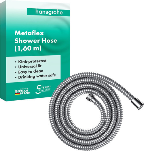 (1.60 M) - Metaflex Shower Hose 1.60 M, Anti-Kink And Flexible, Chrome Effect Coil Wrap 28