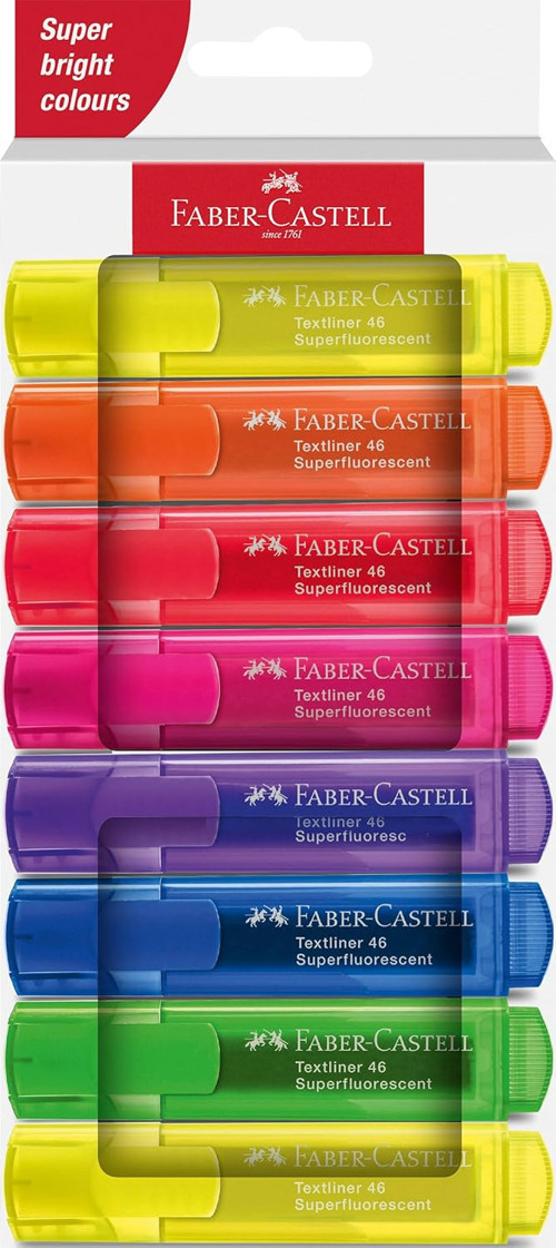 Faber-Castell 254648 - Fosforlu Kalem Seti 46, 8'Li Kutu, Neon Renkler, Uzun Ömürlü Kesik Uçlu, Çizg