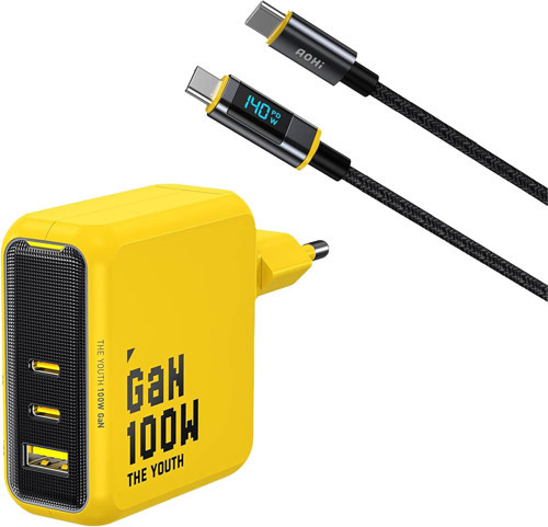 Youth 3 Portlu 100W Şarj Adaptörü Ile Led Ekranlı 140W Hızlı Şarj Kablosu Seti, Gan Teknolojisi