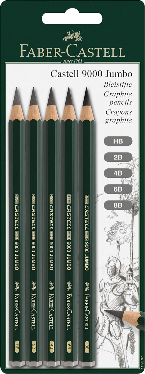 Faber-Castell Castell 9000 119200 Kurşun Kalem, Kauçuk Uçlu, Sertlik Derecesi Hb Jumbo Set Hb, 2B, 4