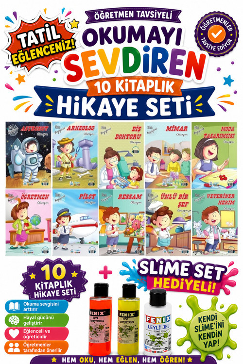 2.Sınıf Öğretmen Tavsiyeli Okumayı Sevdiren 32 Sayfa 10 Kitaplık Hikaye Seti-6 (Slime Set Hediyeli)