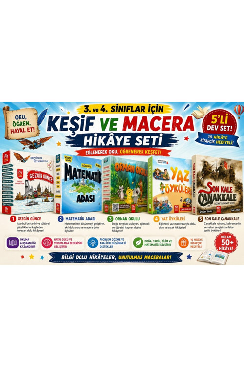 Model 3. Ve 4. Sınıf Keşif Ve Macera Hikâye Seti – 5'Li Eğitici Öykü Koleksiyonu | Gezgin Günce, Matematik Adası, Orman Okulu, Yaz Öyküleri, Son Kale Çanakkale