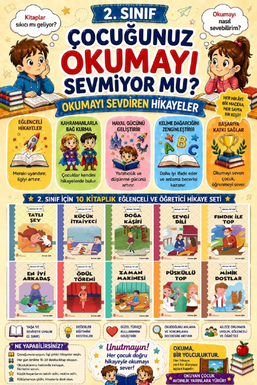 2.Sınıflar İçin Okumayı Sevdiren Dostluk, Macera, Heyecan İçeren 10 Lu Hikaye Seti