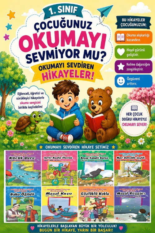1.Ve 2.Sınıflar İçin Okumayı Sevdiren Değerler Eğitimi 8 Li Hikaye Seti (32 Sayfa)