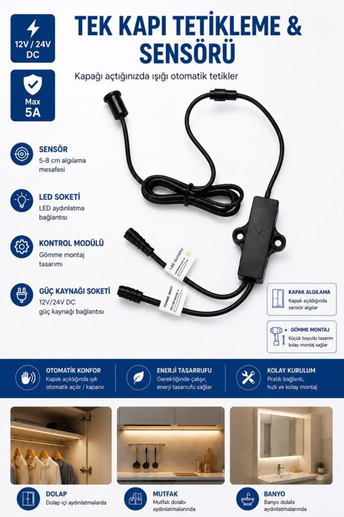 12V 24V LED Dolap Kapı Sensörü Otomatik Işık Açma Kapama Sensörü Gömme Tip 5A (Tek Kapak İçin)