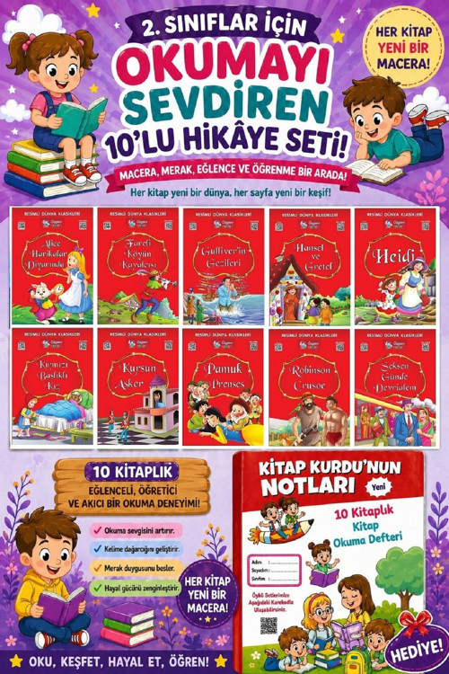 2.Sınıflar İçin Okumayı Sevdiren 10 Lu Hikaye Seti 5 (Kitap Okuma Defteri Hediyeli)