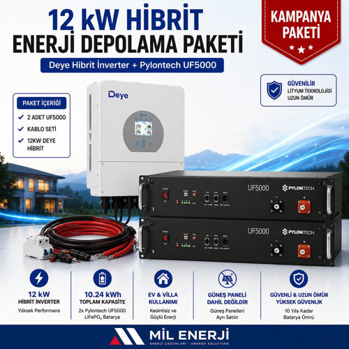 12 kW Hibrit Enerji Depolama Paketi | 10.24 kWh Pylontech UF5000 LiFePO₄ Bataryalı