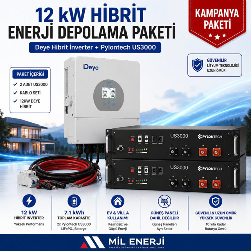 12 kW Hibrit Enerji Depolama Paketi | 7.1 kWh Pylontech US3000 LiFePO₄ Bataryalı