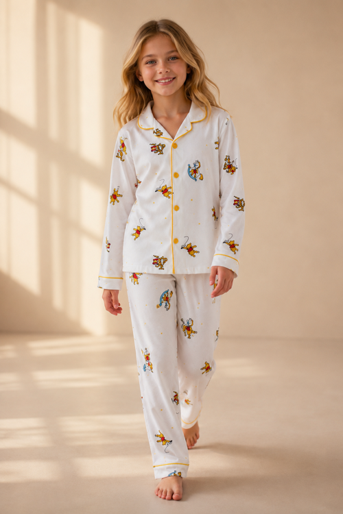 Kız ve Erkek Çocuk Pamuklu Karakter Desenli Uzun Kollu Pijama Takımı + Göz Bandı