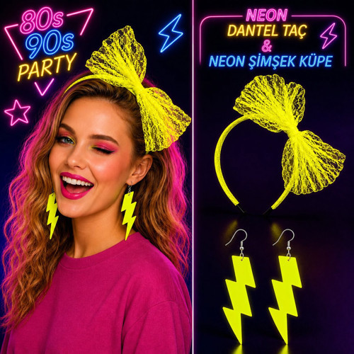 Neon Sarı Dantel Taç ve Şimşek Küpe 80'ler 90'lar Parti Seti (50001)