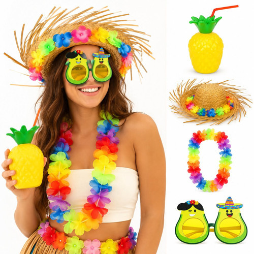 4 Parça Hawaii Parti Seti Ananas Bardak Hasır Şapka Avokado Gözlük Çiçek Kolye (50001)