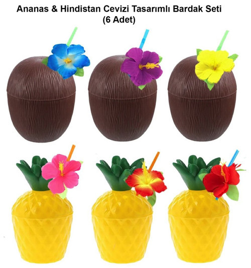Ananas & Hindistan Cevizi Tasarımlı Pipetli Bardak Seti (6 Adet) (50001)