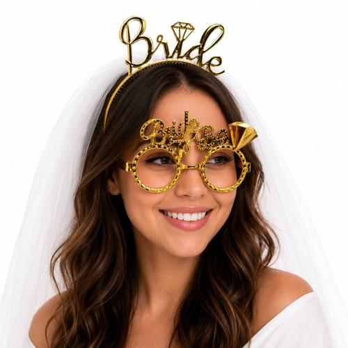Bride Yazılı Gold Taç ve Parti Gözlüğü Seti (50001)