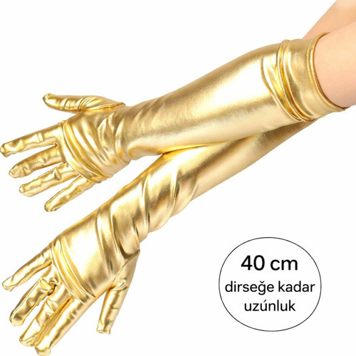 Altın Renk Dirsek Altı Lüks Saten Eldiven 40 cm (50001)