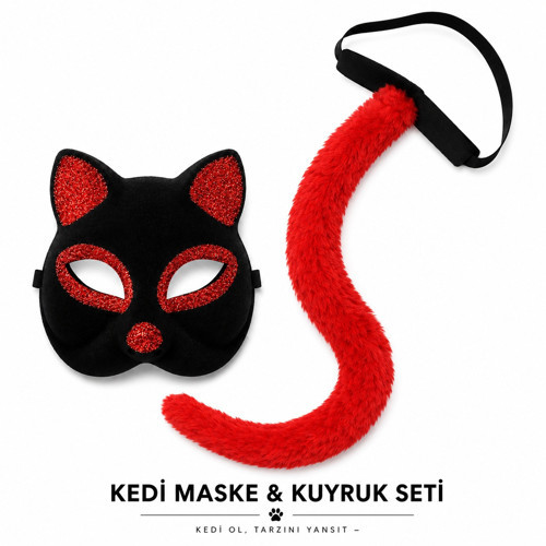 Kırmızı Kedi Maske ve Kuyruk Seti Parti Kostüm Aksesuarı (50001)