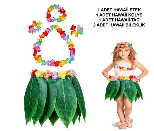 Çocuk Hawaii Kostüm Seti - Yaprak Etek & Hawaii Set - 5 Parça (50001)