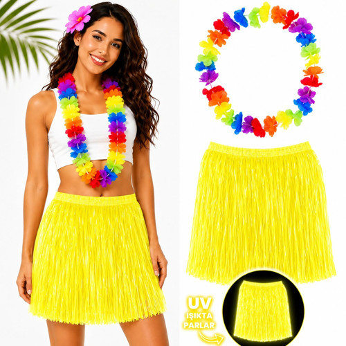Neon Sarı Hawaii Etek 40 cm ve Rengarenk Hawaii Kolye (50001)