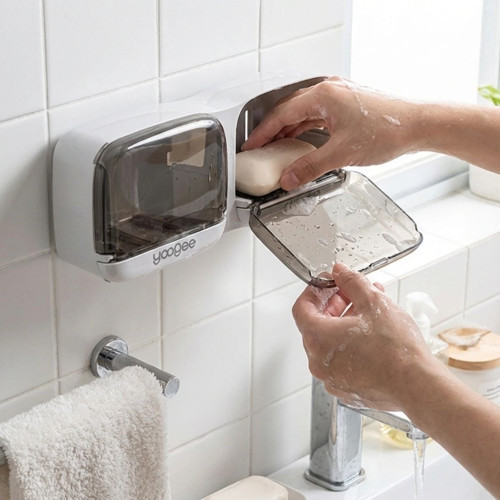 Duvara Monte İkili Kapaklı Plastik Katı Sabunluk Organizer – Banyo & Mutfak İçin Yapışkanlı