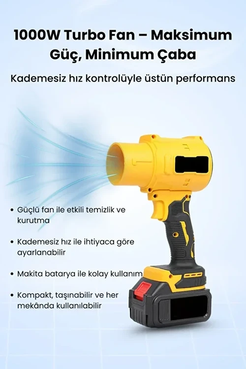 21V Kablosuz Hava Üfleyici | 32.000RPM Turbo Fan, 12.000mAh Batarya, Bahçe & Araç Kurutma /