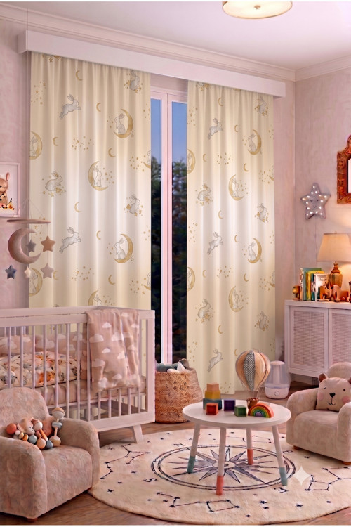 Bebek Çocuk Odası Fon Perdesi 100 X 250 Cm 1 Kanat Sevimli Desenli Dekoratif Dijital Baskılı Premium Çocuk Odası Perdesi