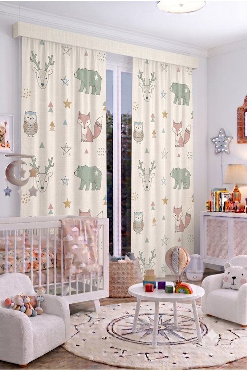 Bebek Çocuk Odası Fon Perdesi 100 X 250 Cm 1 Kanat Sevimli Desenli Dekoratif Dijital Baskılı Premium Çocuk Odası Perdesi