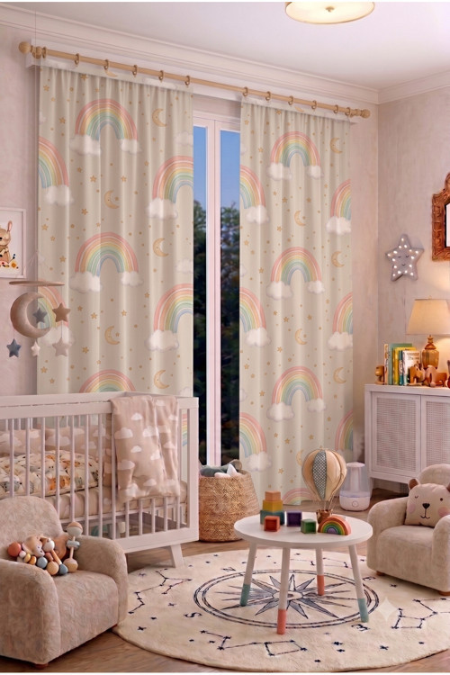 Bebek Çocuk Odası Fon Perdesi 100 X 250 Cm 1 Kanat Sevimli Desenli Dekoratif Dijital Baskılı Premium Çocuk Odası Perdesi