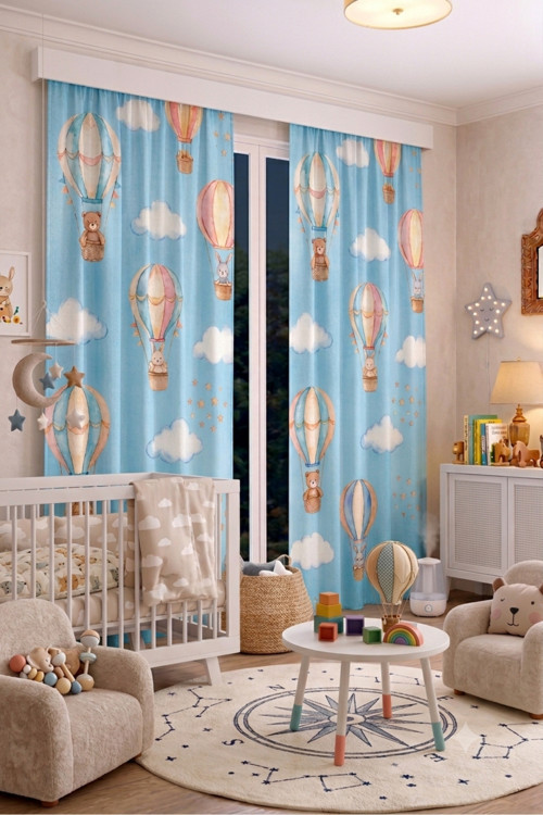 Bebek Çocuk Odası Fon Perdesi 100 X 250 Cm 1 Kanat Sevimli Desenli Dekoratif Dijital Baskılı Premium Çocuk Odası Perdesi