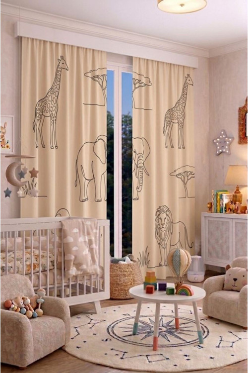 Bebek Çocuk Odası Fon Perdesi 100 X 250 Cm 1 Kanat Sevimli Desenli Dekoratif Dijital Baskılı Premium Çocuk Odası Perdesi