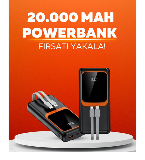 20.000 mAh Powerbank - 22.5W Hızlı Şarj, Çok Kablolu, Dijital Göstergeli